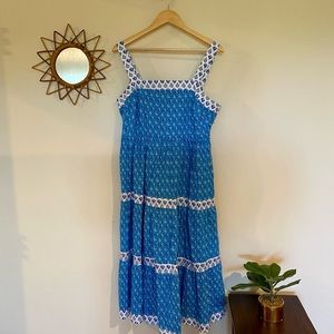 Block-print squareneck tiered midi dress